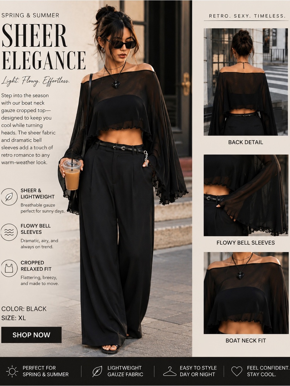 Black Sheer Off-Shoulder Cropped Top with Flowy Bell Sleeves